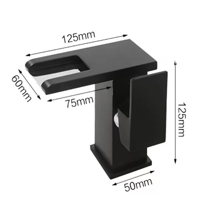 Baterie sanitară tip cascadă cu LED temperatură – negru mat, montaj pe lavoar, design modern T160