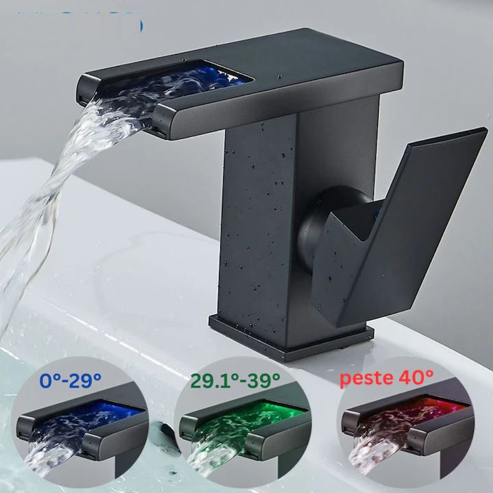 Baterie sanitară tip cascadă cu LED temperatură – negru mat, montaj pe lavoar, design modern T160