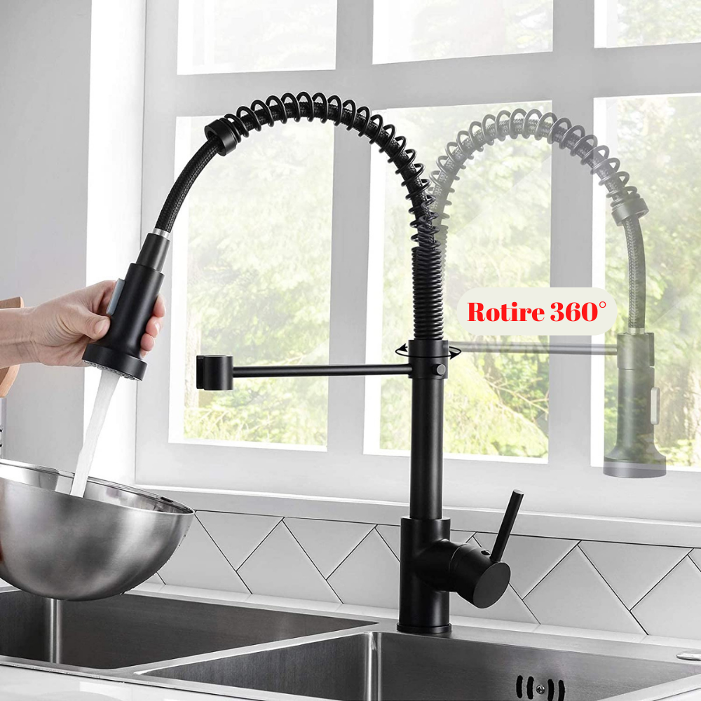 Baterie sanitară de bucătărie, pipă flexibilă, negru mat – T111
