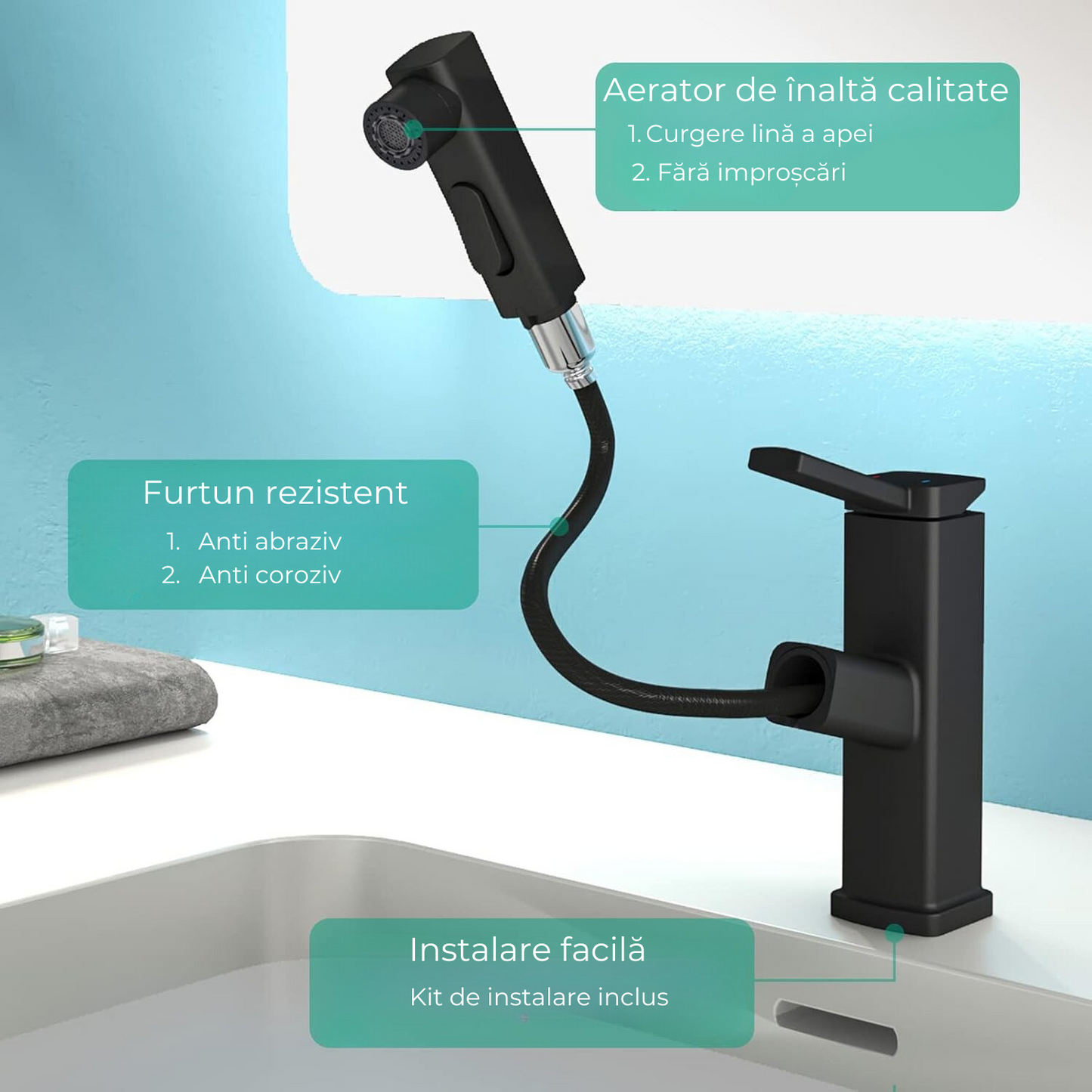 Baterie sanitară pentru lavoar – 3 moduri de utilizare, negru mat, model tip țâșnitoare T144