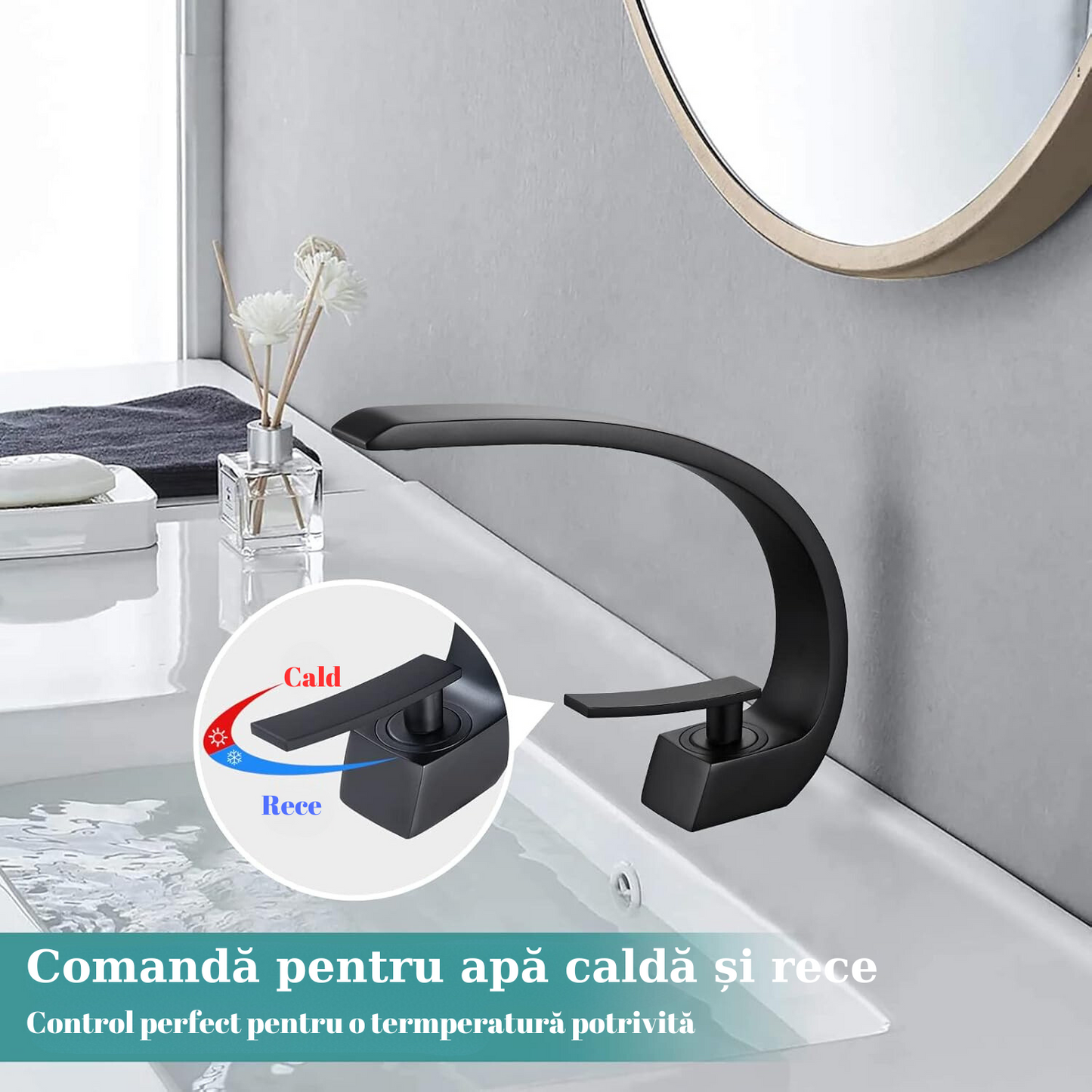 Baterie sanitară pentru lavoar – model semilună, negru mat T117