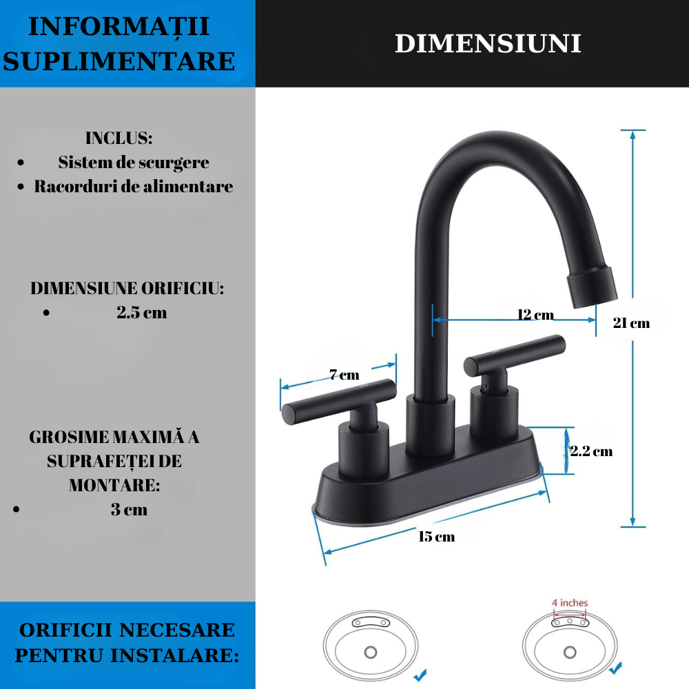 Baterie sanitară pentru lavoar – design piramidă, negru mat, cu dublă comandă T165