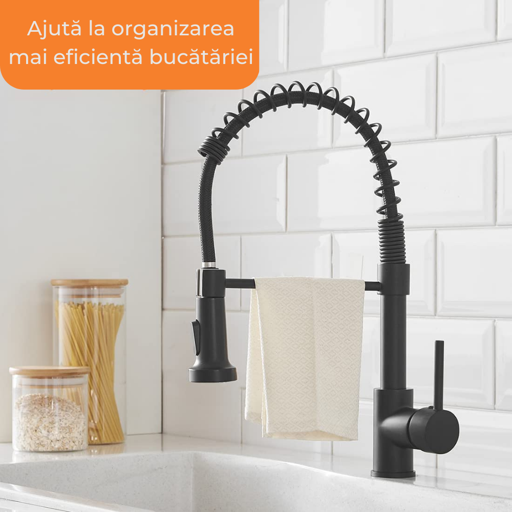 Baterie sanitară de bucătărie, pipă flexibilă, negru mat – T111