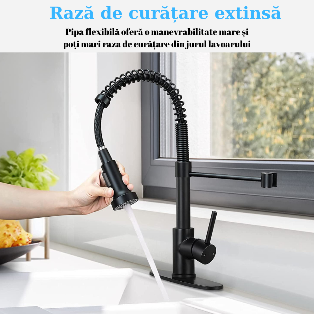 Baterie sanitară de bucătărie, pipă flexibilă, negru mat – T111