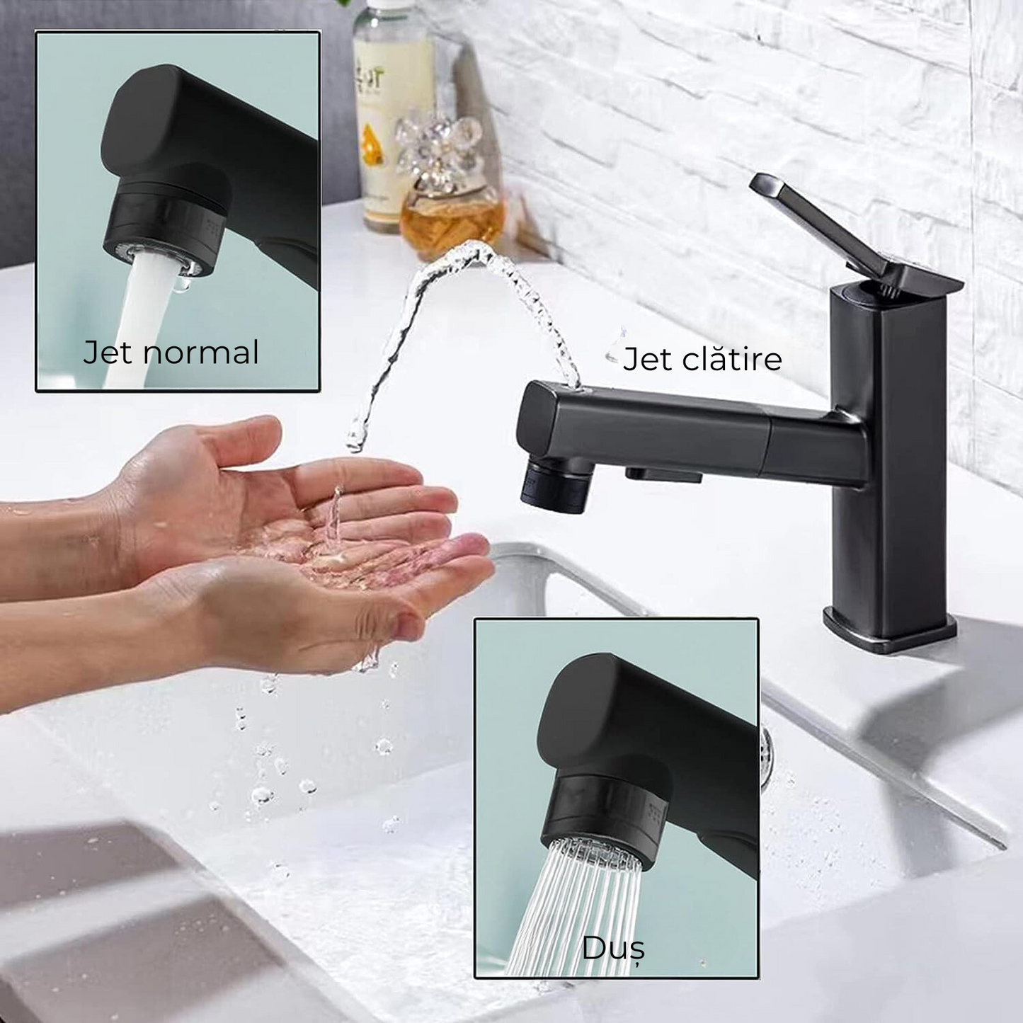 Baterie sanitară pentru lavoar – 3 moduri de utilizare, negru mat, model tip țâșnitoare T144