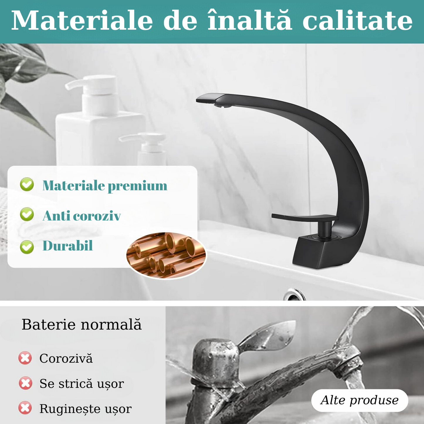 Baterie sanitară pentru lavoar – model semilună, negru mat T117