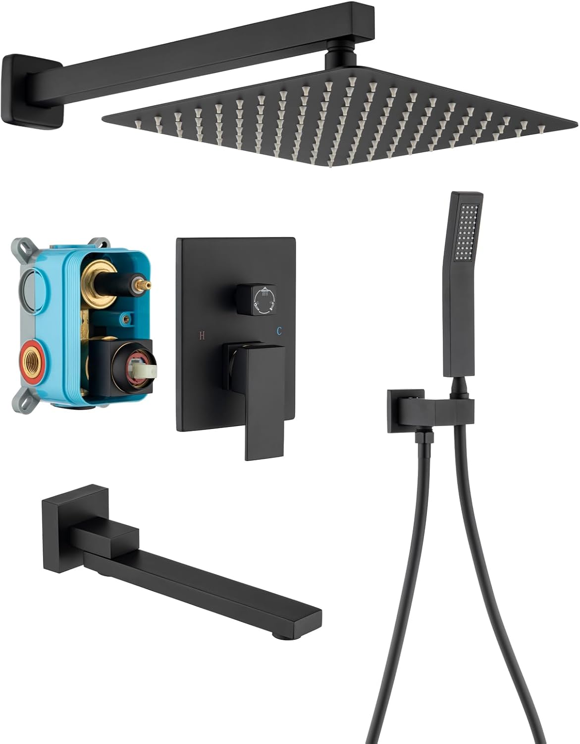 Sistem de duș incastrat cu pipă – cap ploaie 30x30 cm, negru mat