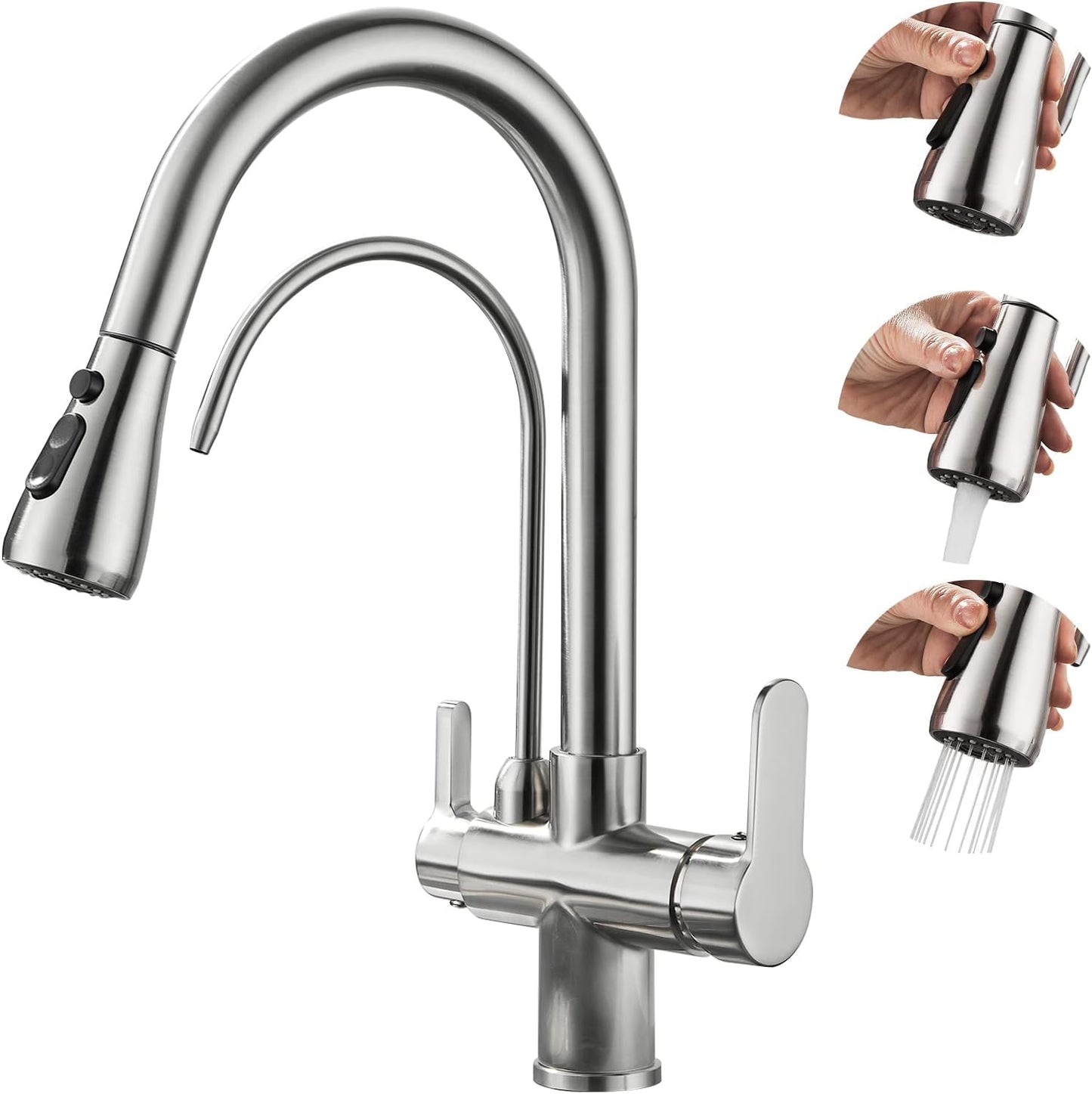 Baterie sanitară profesională bucătărie 3 Căi – finisaj argintiu, cu duș extractibil