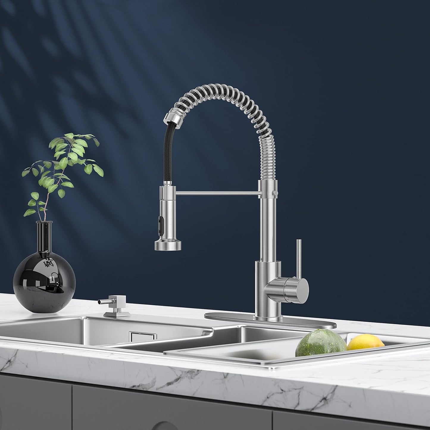 Baterie sanitară de bucătărie, pipă flexibilă, argintiu, monocomandă 360°