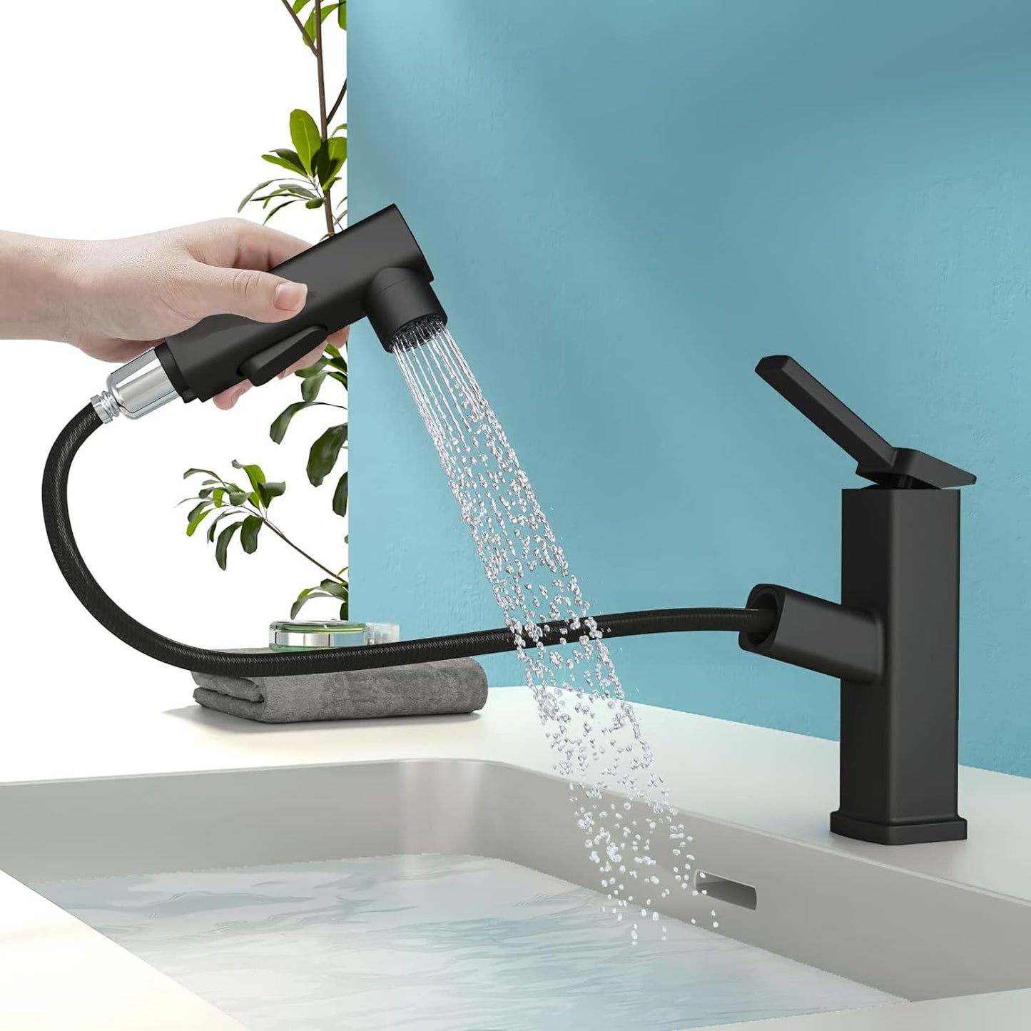 Baterie sanitară pentru lavoar – 3 moduri de utilizare, negru mat, model tip țâșnitoare T144