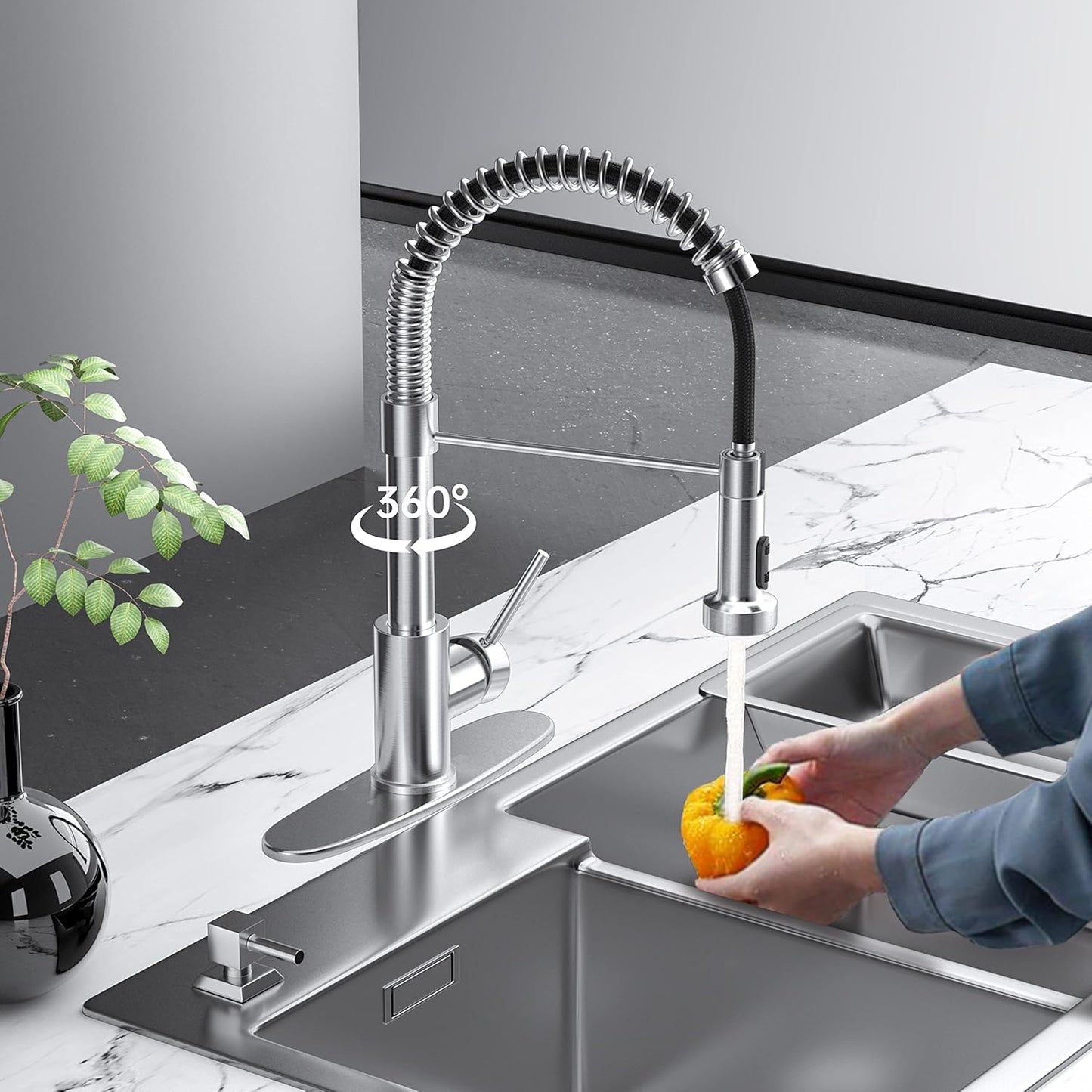 Baterie sanitară de bucătărie, pipă flexibilă, argintiu, monocomandă 360°
