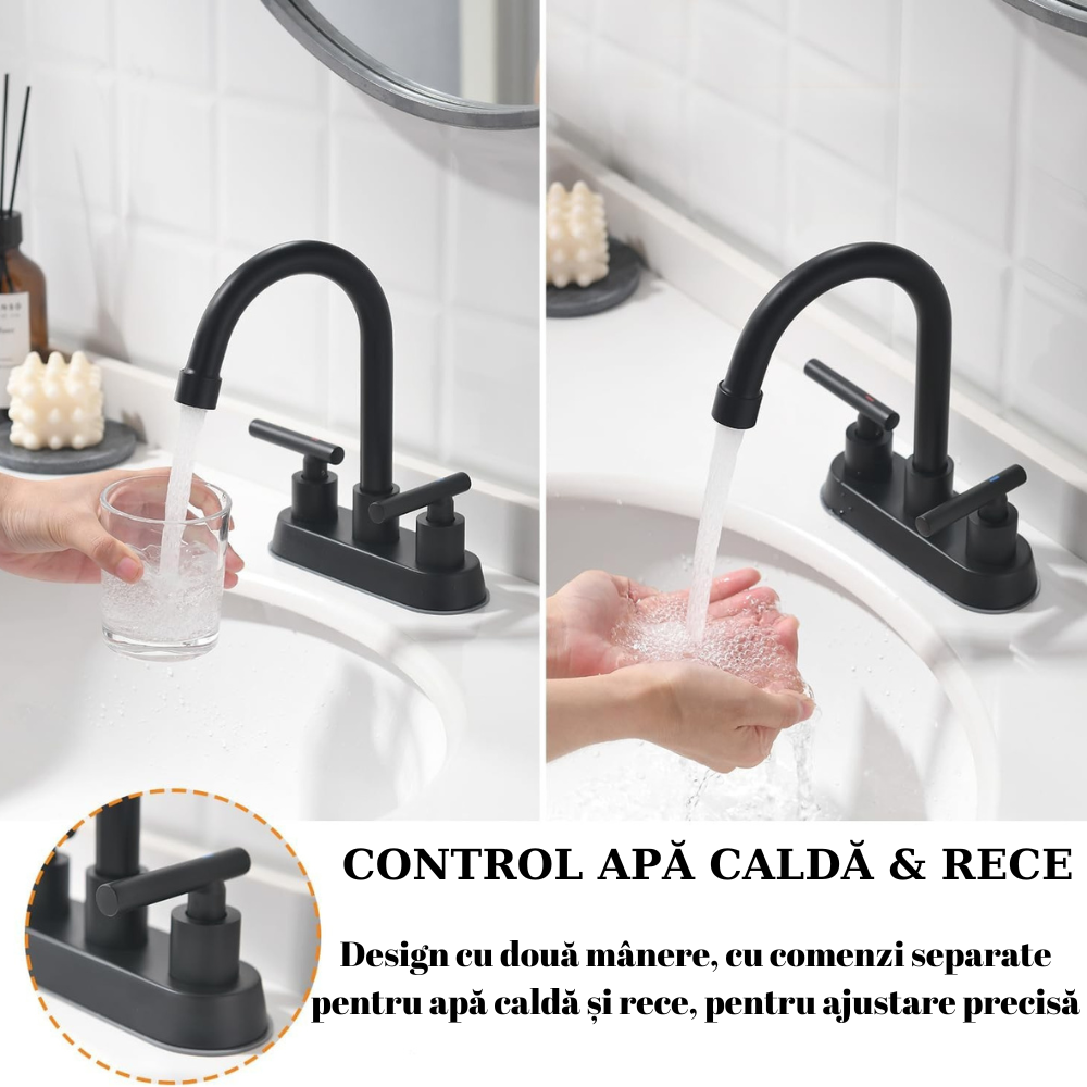 Baterie sanitară pentru lavoar – design piramidă, negru mat, cu dublă comandă T165