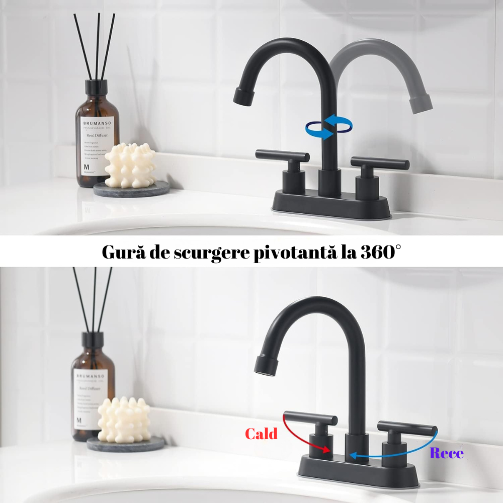Baterie sanitară pentru lavoar – design piramidă, negru mat, cu dublă comandă T165