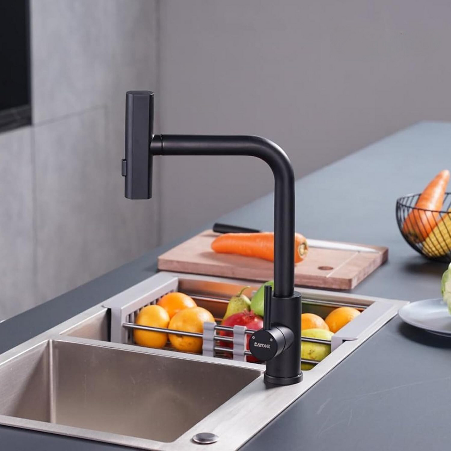 Baterie sanitară bucătărie 360° – 3 tipuri de jet, cap pivotant, negru mat, design inovator