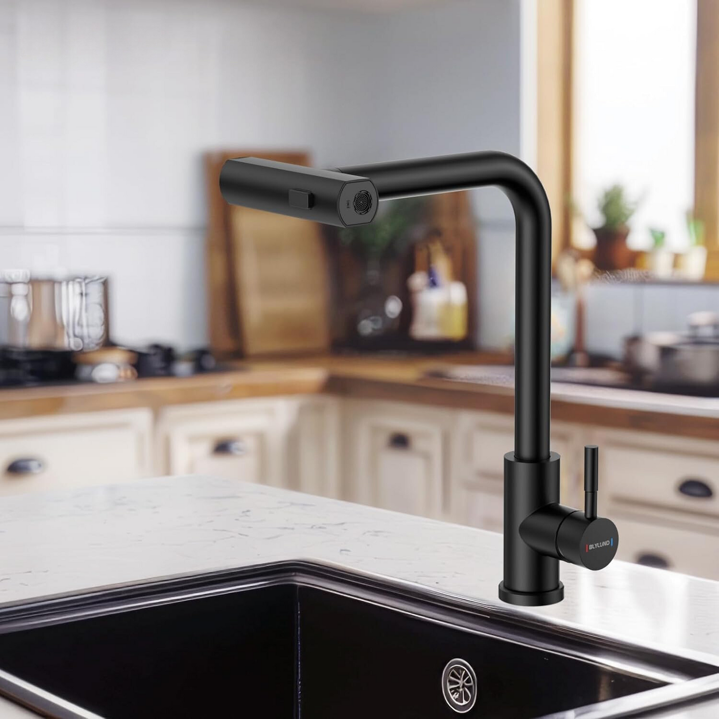 Baterie sanitară bucătărie 360° – 3 tipuri de jet, cap pivotant, negru mat, design inovator