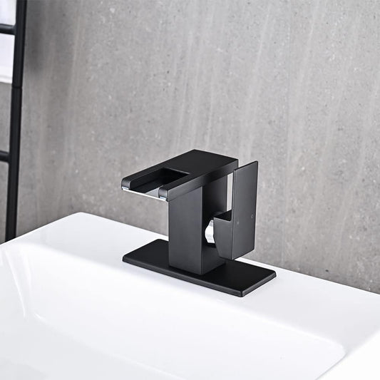 Baterie sanitară tip cascadă cu LED temperatură – negru mat, montaj pe lavoar, design modern T160