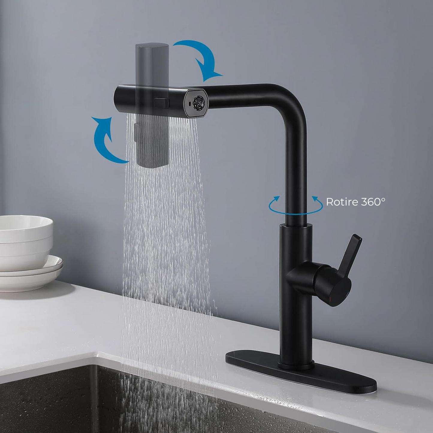 Baterie sanitară bucătărie 360° – 3 tipuri de jet, cap pivotant, negru mat, design inovator