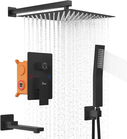 Sistem de duș incastrat cu pipă – cap ploaie 30x30 cm, negru mat